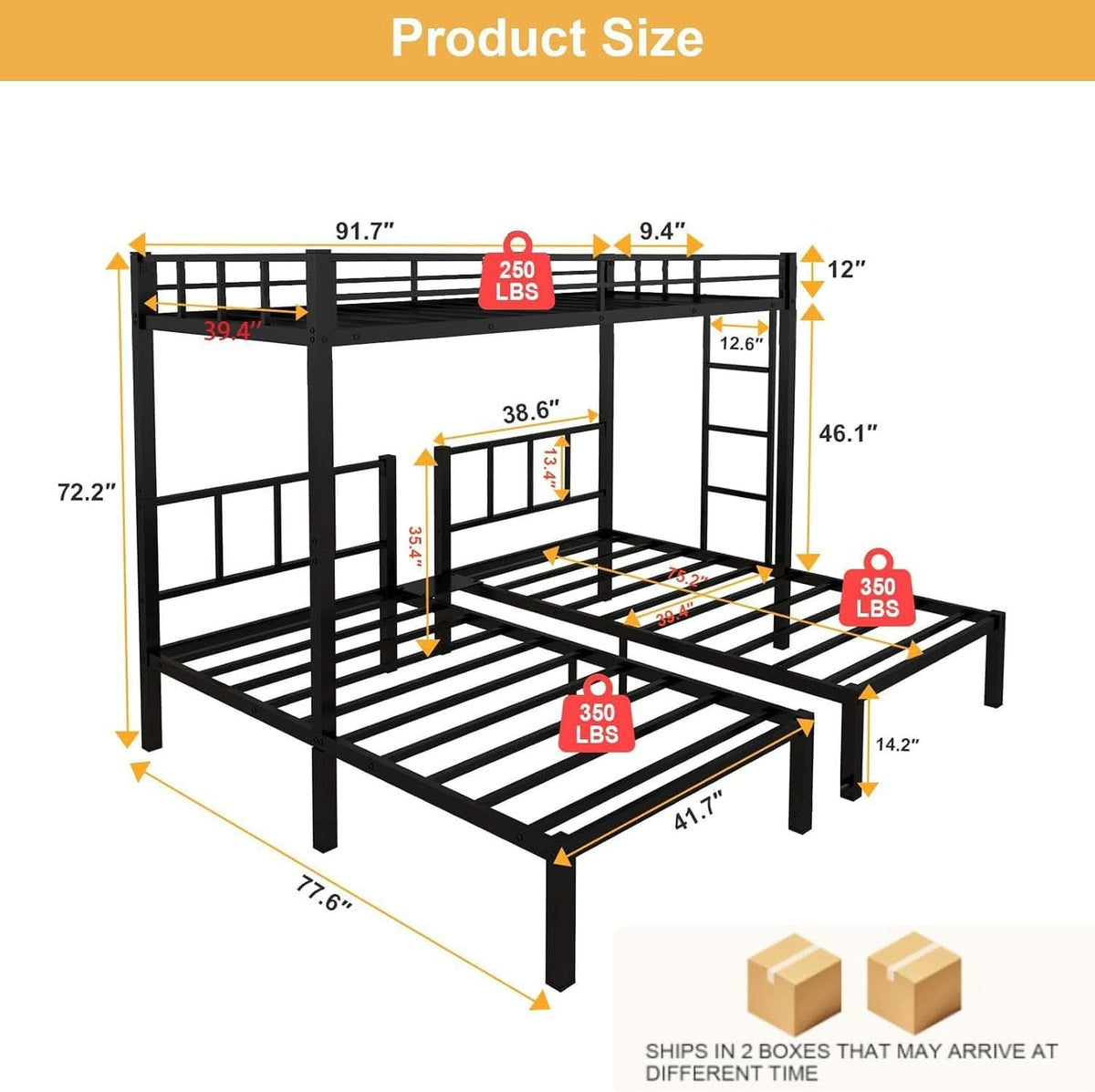 Triple Bunk Bed For 3 With Guardrails And Integrated Ladder