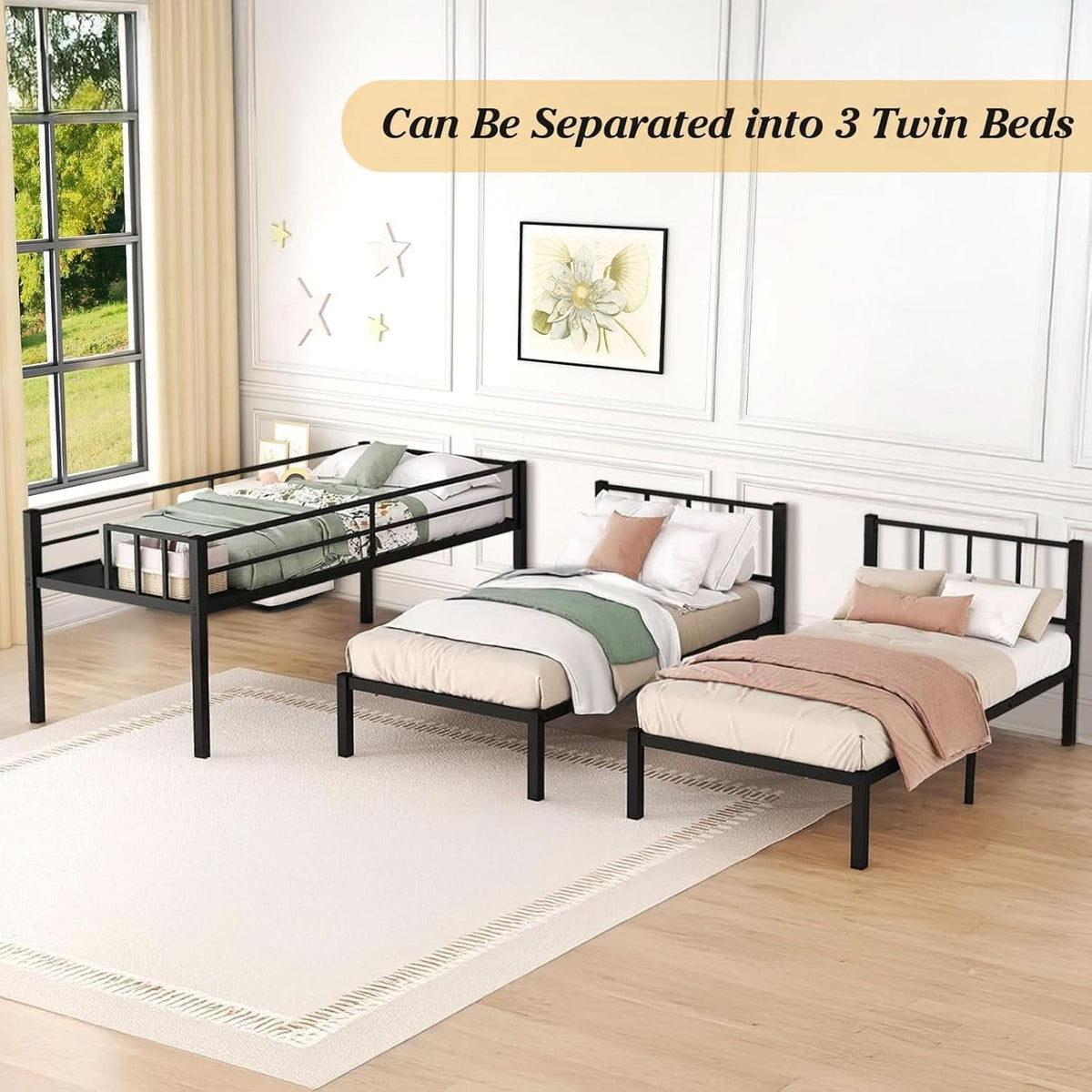 Triple Bunk Bed For 3 With Guardrails And Integrated Ladder