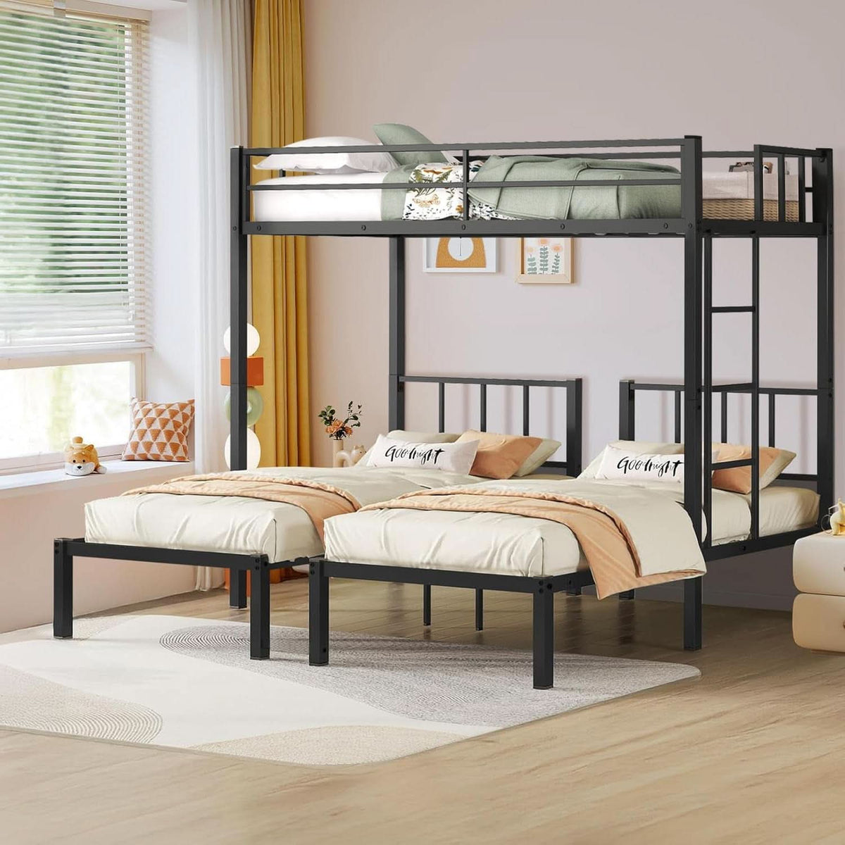 Triple Bunk Bed For 3 With Guardrails And Integrated Ladder