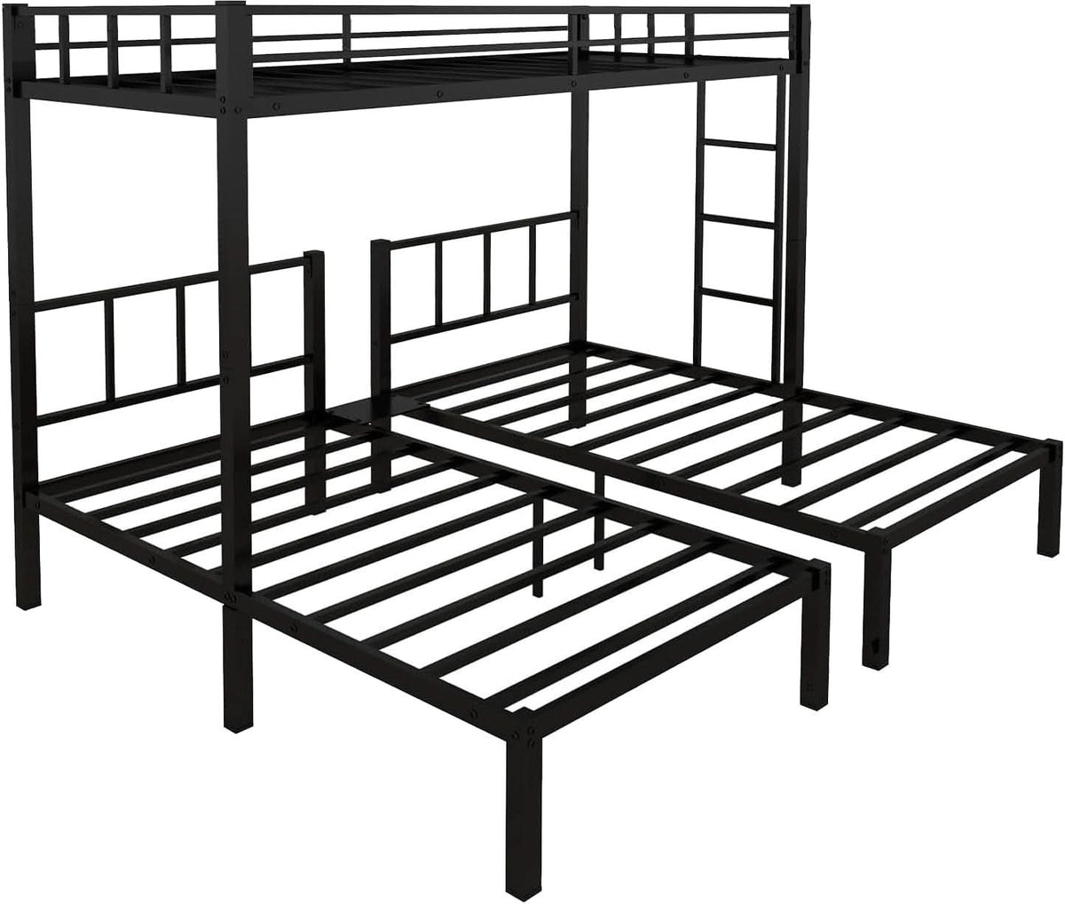 Triple Bunk Bed For 3 With Guardrails And Integrated Ladder