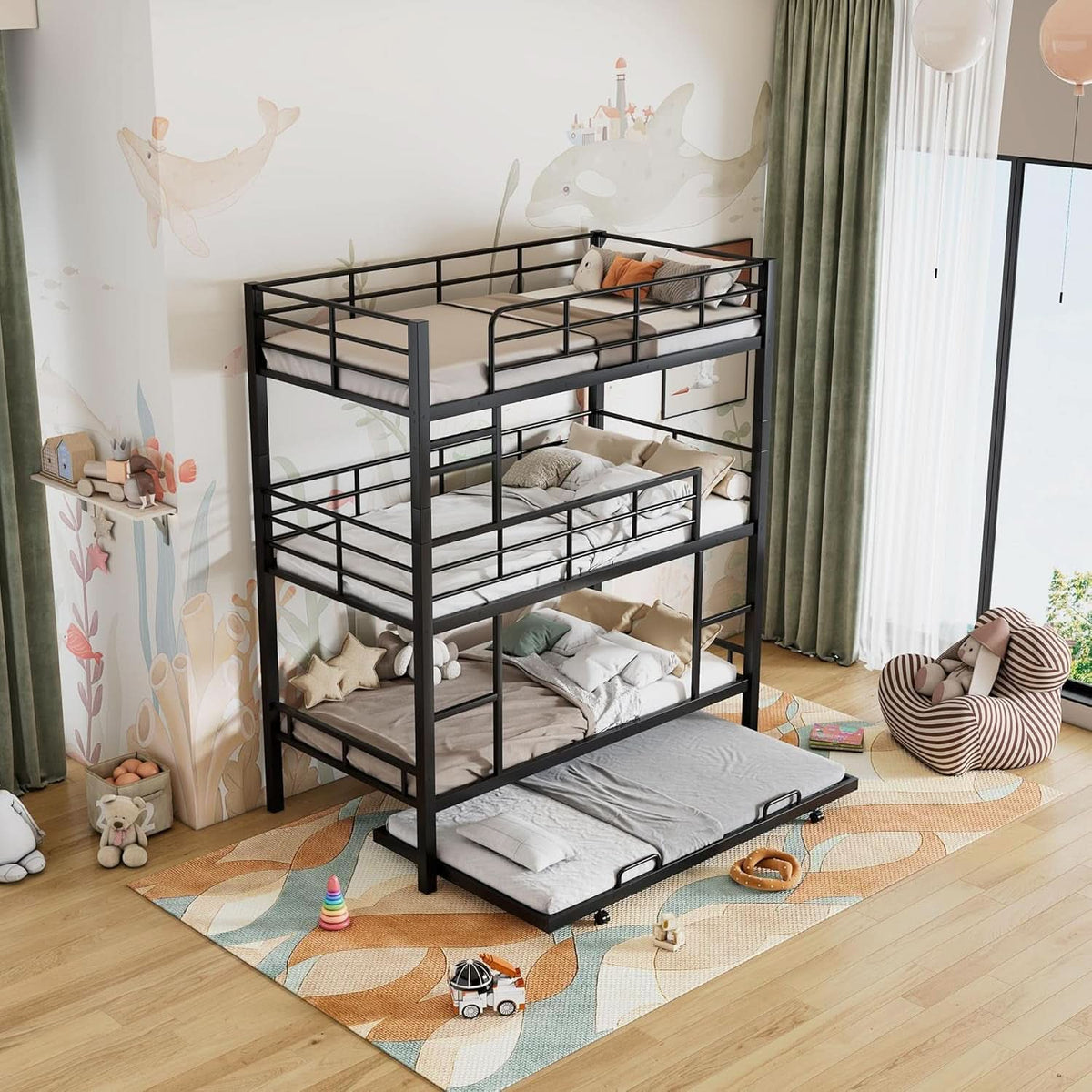Triple Bunk Bed Twin Size With Trundle For Kids Room