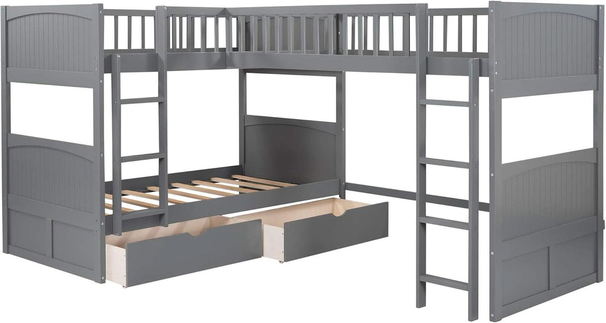 Triple Bunk Bed for Kids L Shaped Solid Wood Gray Twin Size