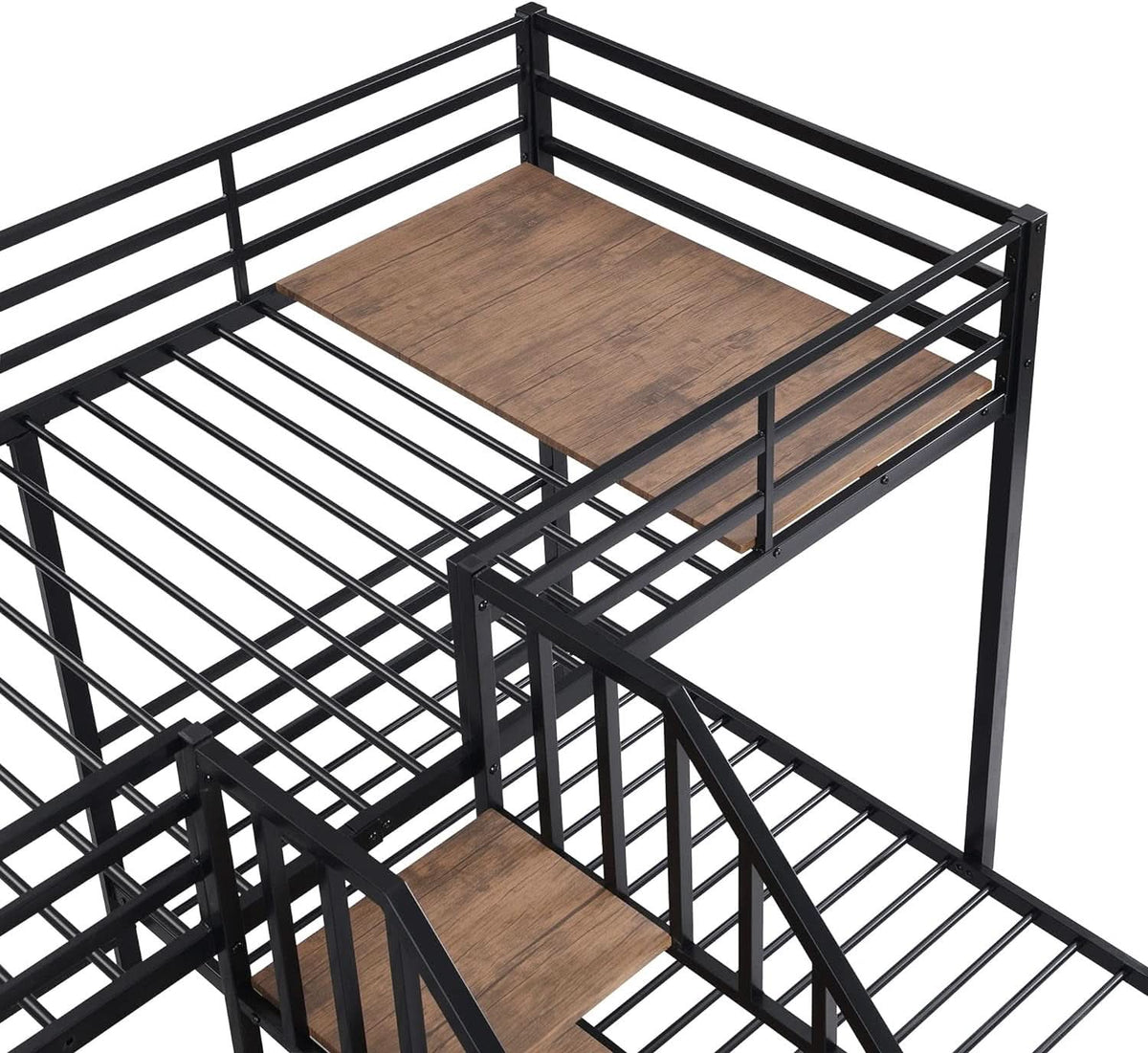 Triple Bunk Bed with Storage Stairs Black Metal Twin Over Twin