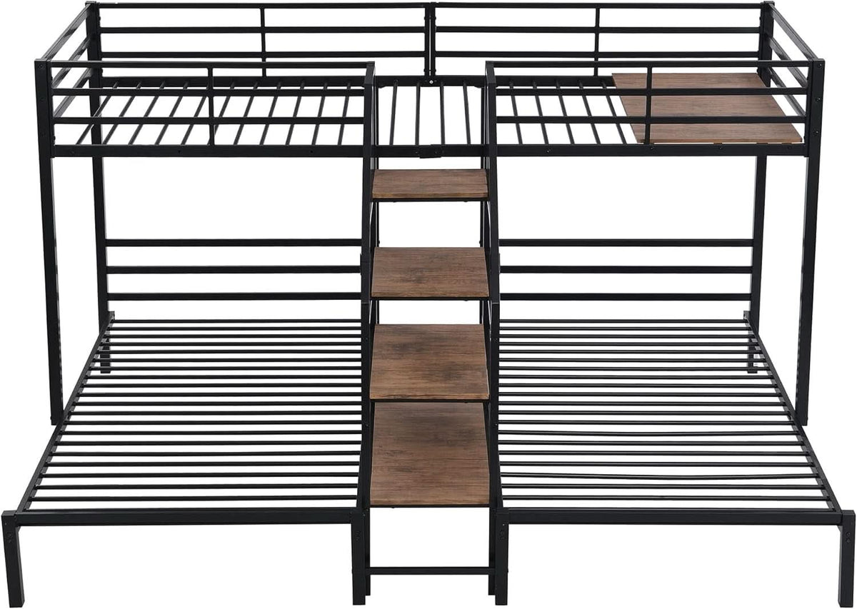 Triple Bunk Bed with Storage Stairs Black Metal Twin Over Twin