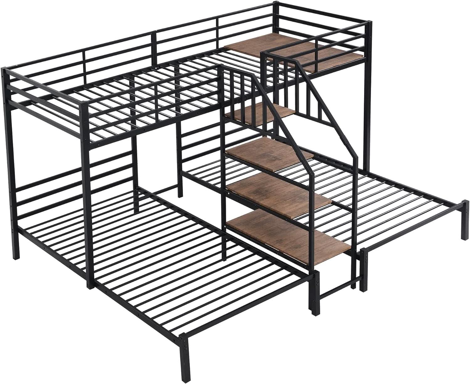 Triple Bunk Bed with Storage Stairs Black Metal Twin Over Twin