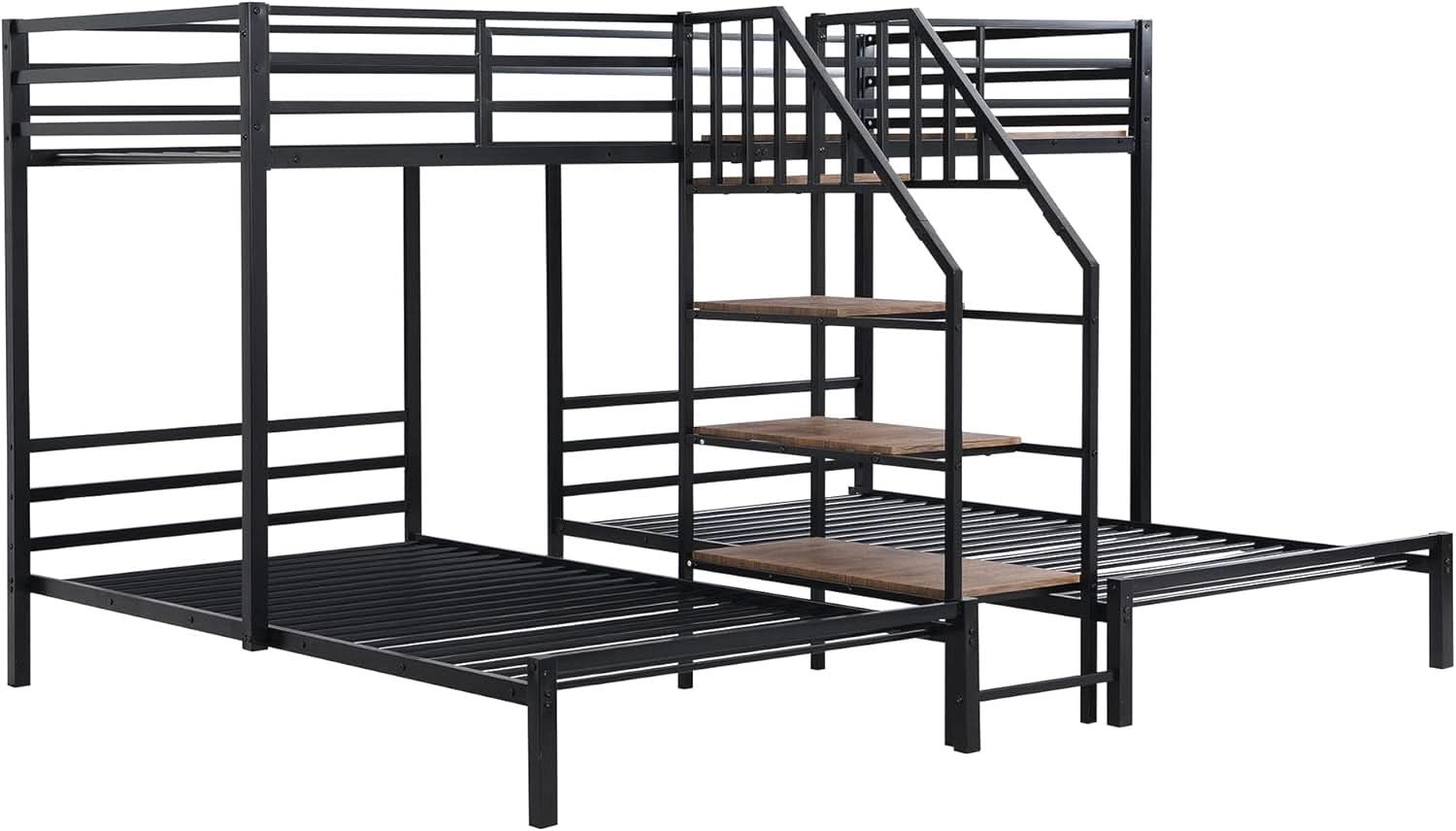 Triple Bunk Bed with Storage Stairs Black Metal Twin Over Twin