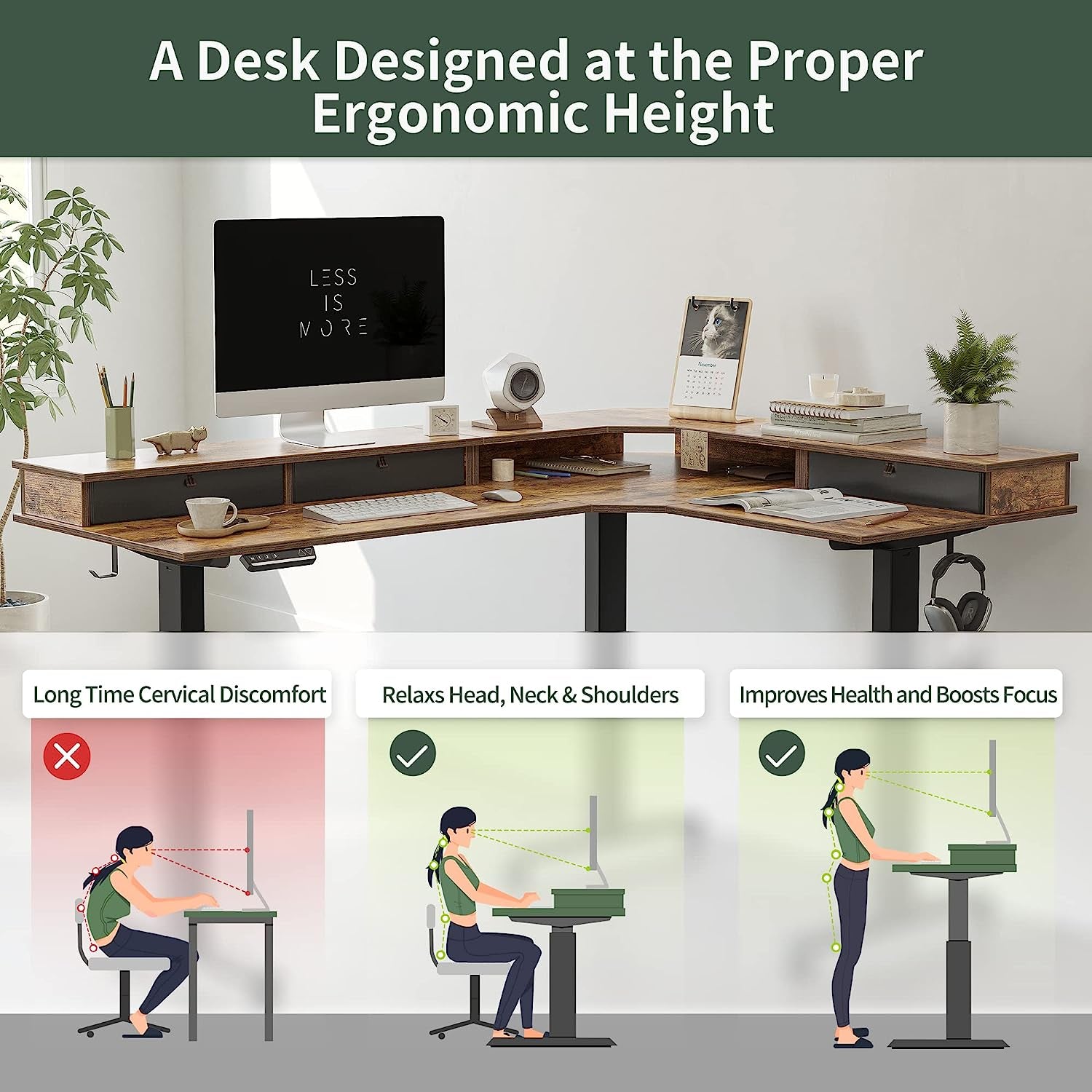 Triple Motor Standing Desk L Shaped Rustic Brown 63 Inch