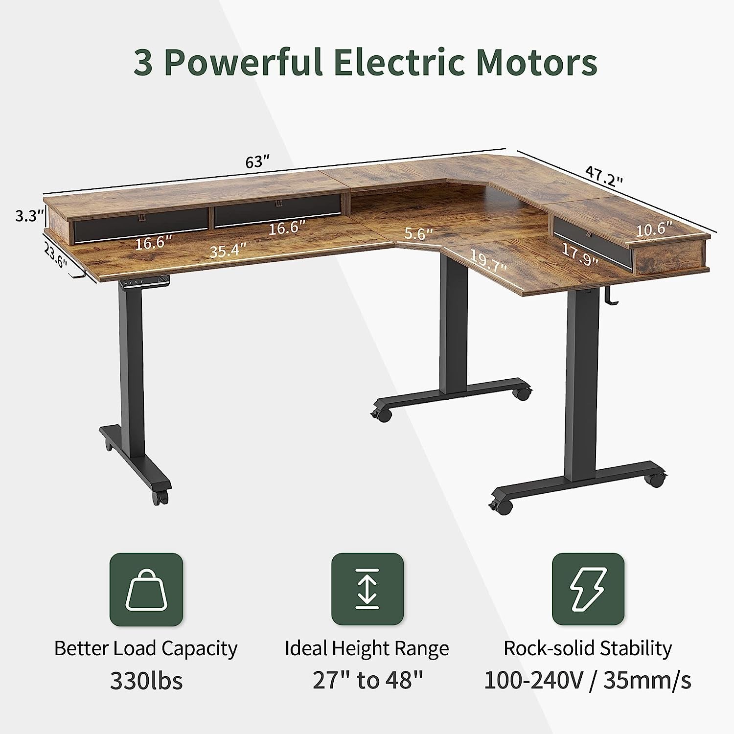 Triple Motor Standing Desk L Shaped Rustic Brown 63 Inch
