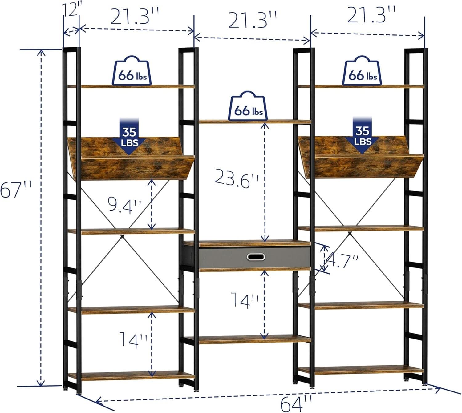 Triple Wide Five Tier Bookshelf Rustic Brown Finish