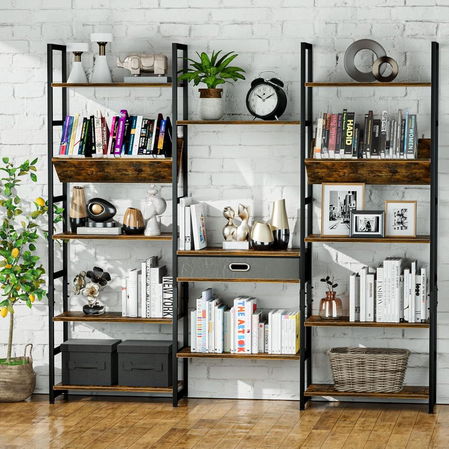 Triple Wide Five Tier Bookshelf Rustic Brown Finish
