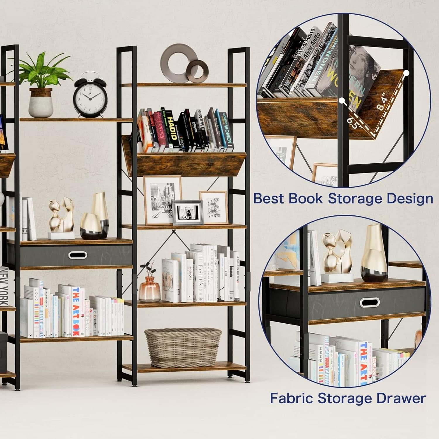 Triple Wide Five Tier Bookshelf Rustic Brown Finish