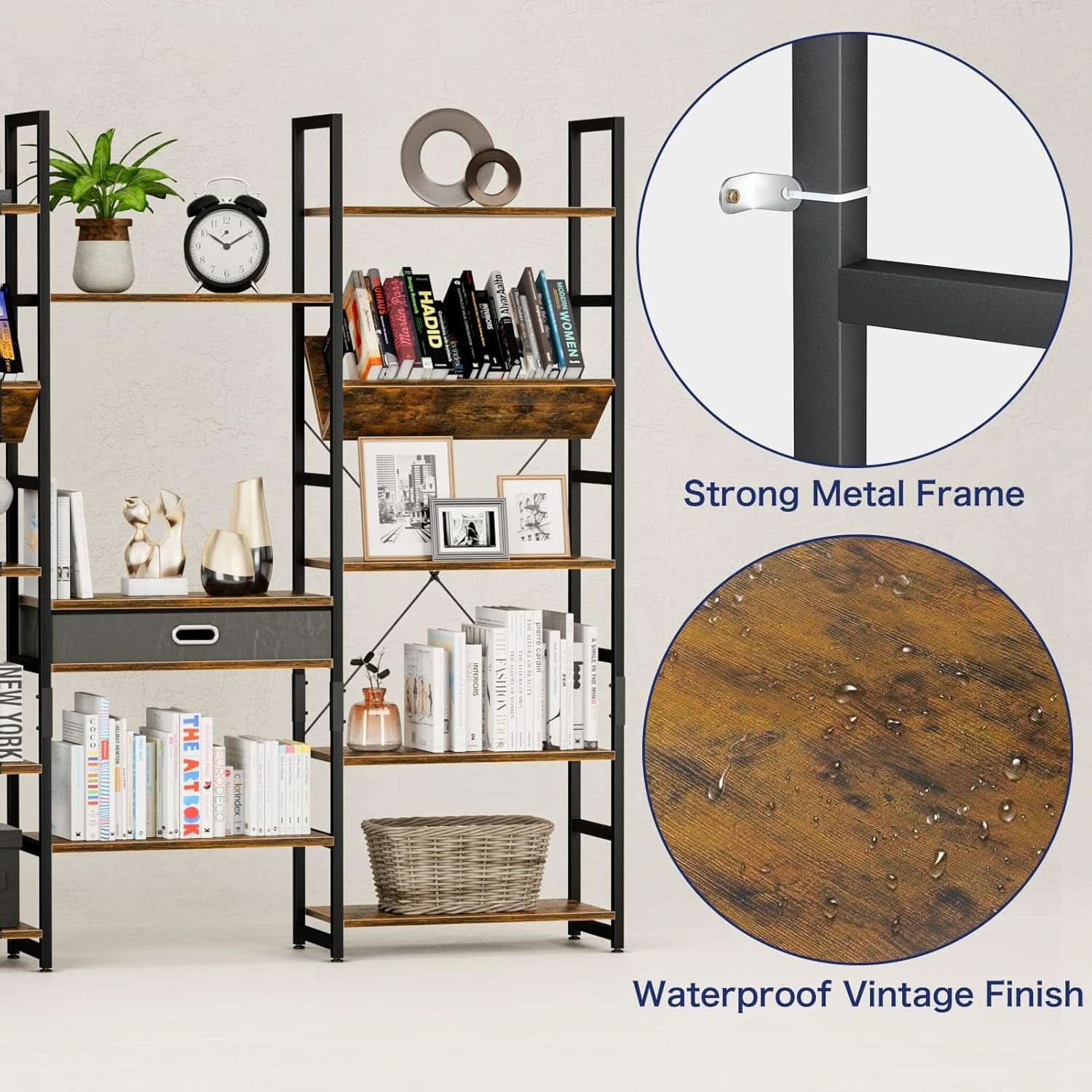 Triple Wide Five Tier Bookshelf Rustic Brown Finish