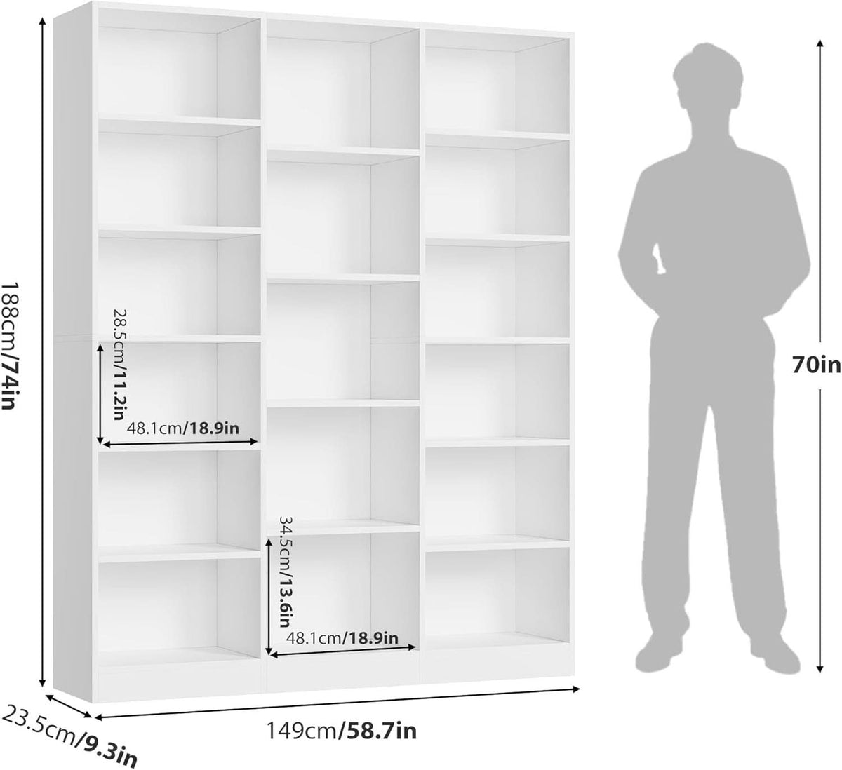 Triple Wide White Bookshelf 6 Tier 74 Inch Tall Unit