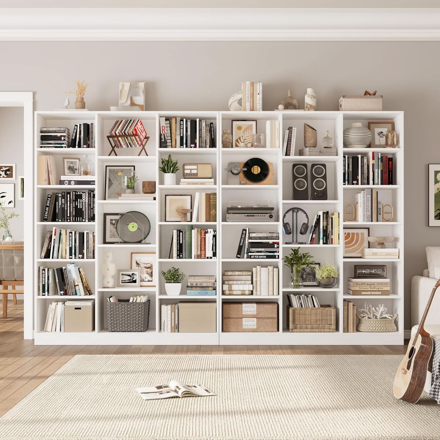 Triple Wide White Bookshelf 6 Tier 74 Inch Tall Unit
