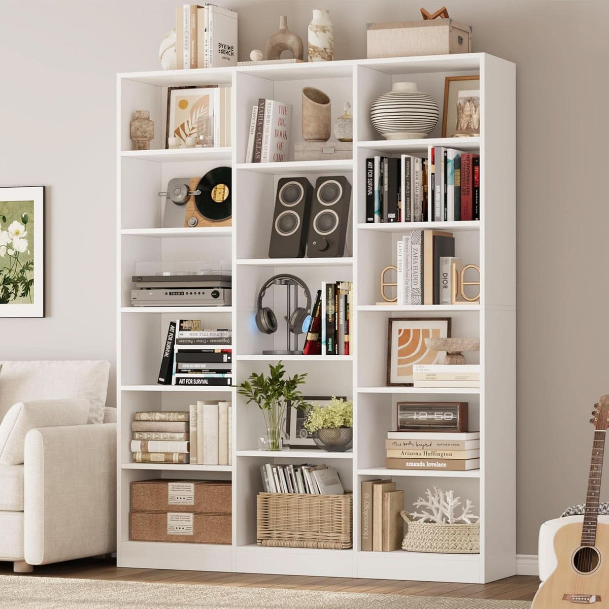 Triple Wide White Bookshelf 6 Tier 74 Inch Tall Unit