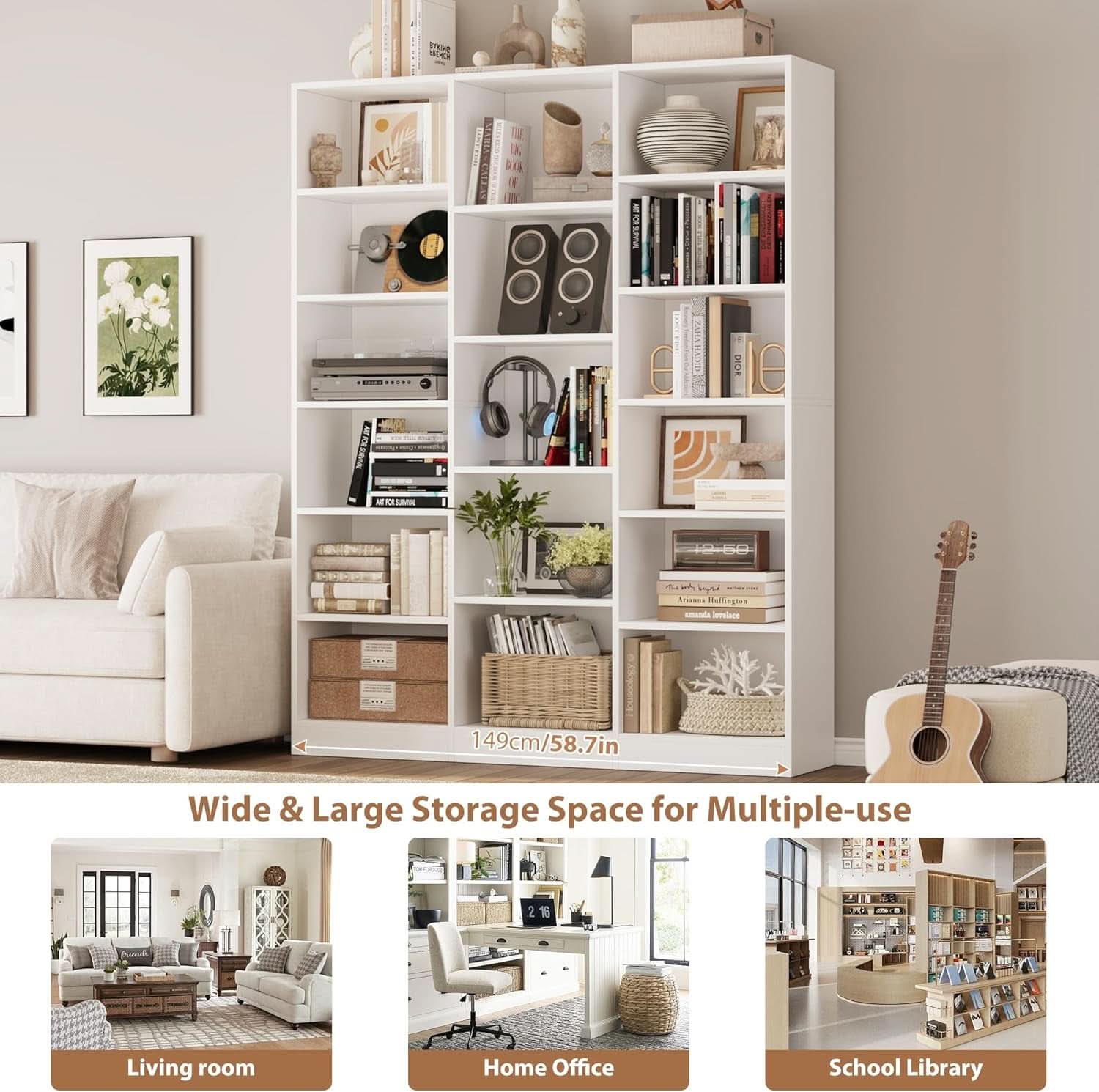 Triple Wide White Bookshelf 6 Tier 74 Inch Tall Unit