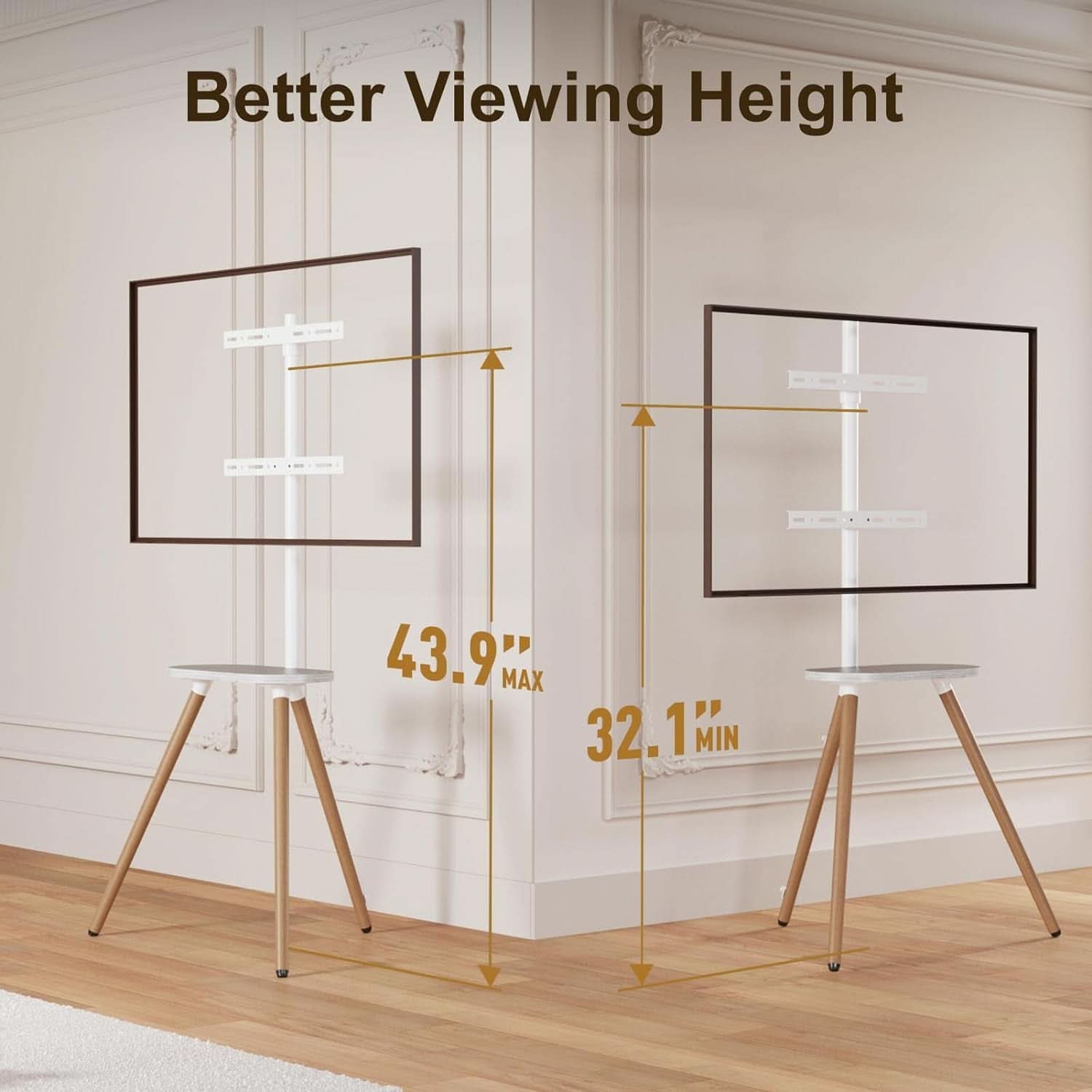Tripod TV Stand 40-65 Inch White Swivel Wooden Tray