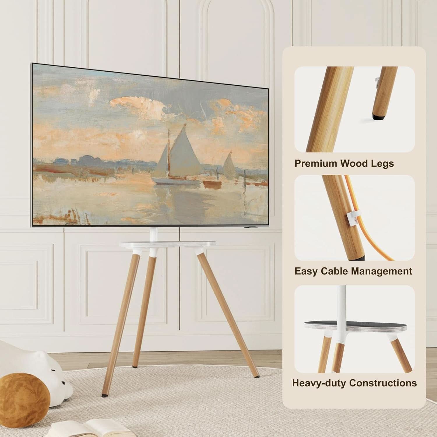 Tripod TV Stand 40-65 Inch White Swivel Wooden Tray
