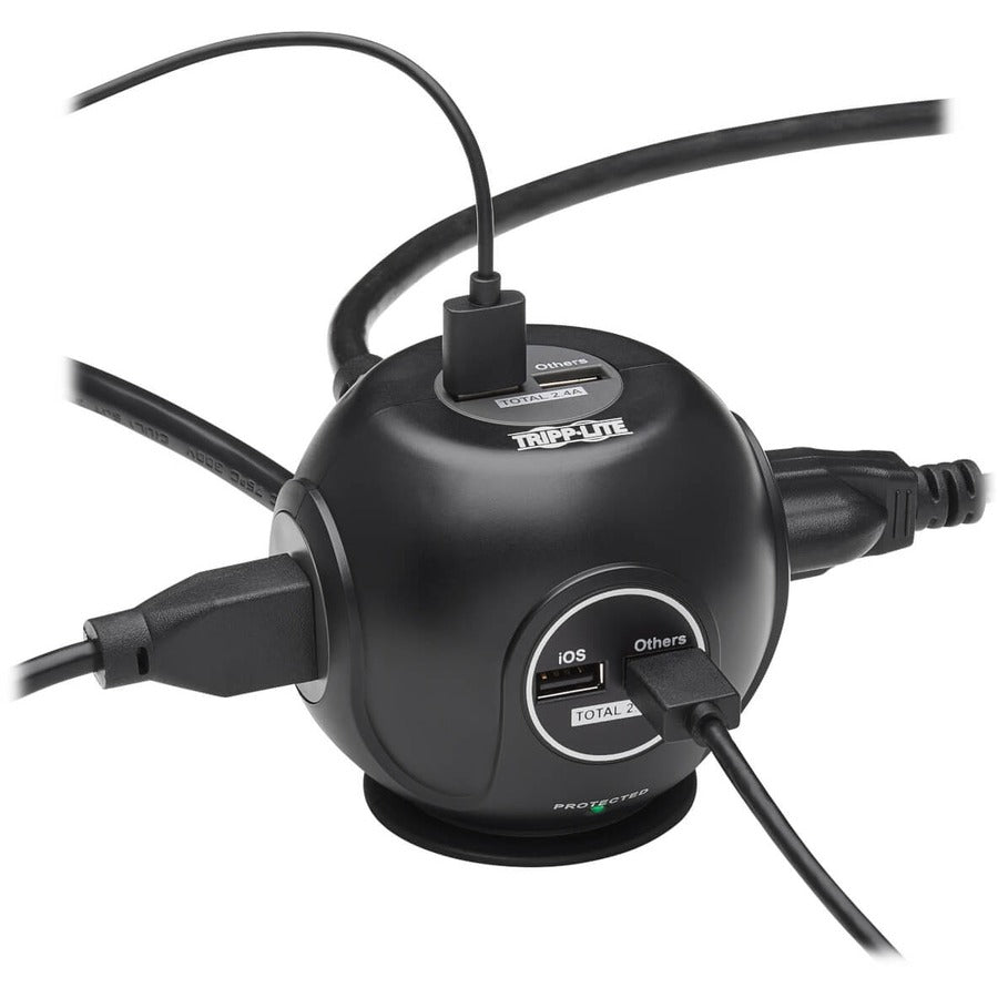 Tripp Lite 3-Outlet Spherical Surge Protector, 4 Usb Ports (4.8A Shared) - 6-Ft. (1.83 M) Cord, 5-15P Plug, 540 Joules, Black