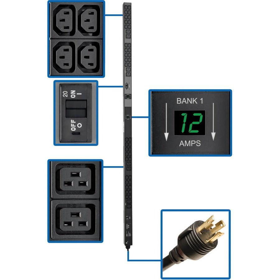 Tripp Lite 5.8Kw Single-Phase Metered Pdu, 208/240V Outlets (8 C19 And 40 C13), L6-30P, 10 Ft. Cord, 0U Vertical, Taa, 70 In.