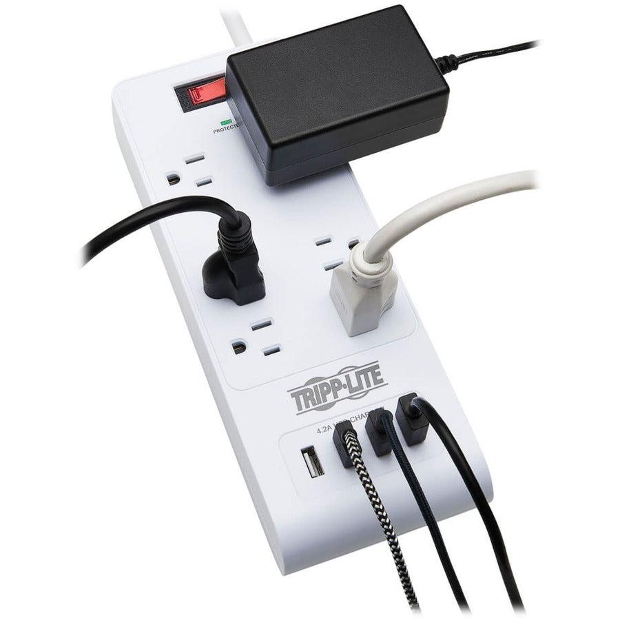 Tripp Lite 6-Outlet Surge Protector With 4 Usb Ports (4.2A Shared) - 15 Ft. (4.57 M) Cord, 5-15P Plug, 900 Joules, White
