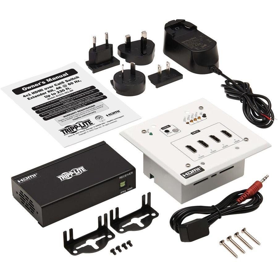 Tripp Lite B127A-4X1-Bh 4-Port Hdmi Over Cat6 Extender Switch Kit, Wall Plate/Box - 4K 60 Hz, Hdr, 4:4:4, Ir, Poc, 230 Ft. (70.1 M), Taa