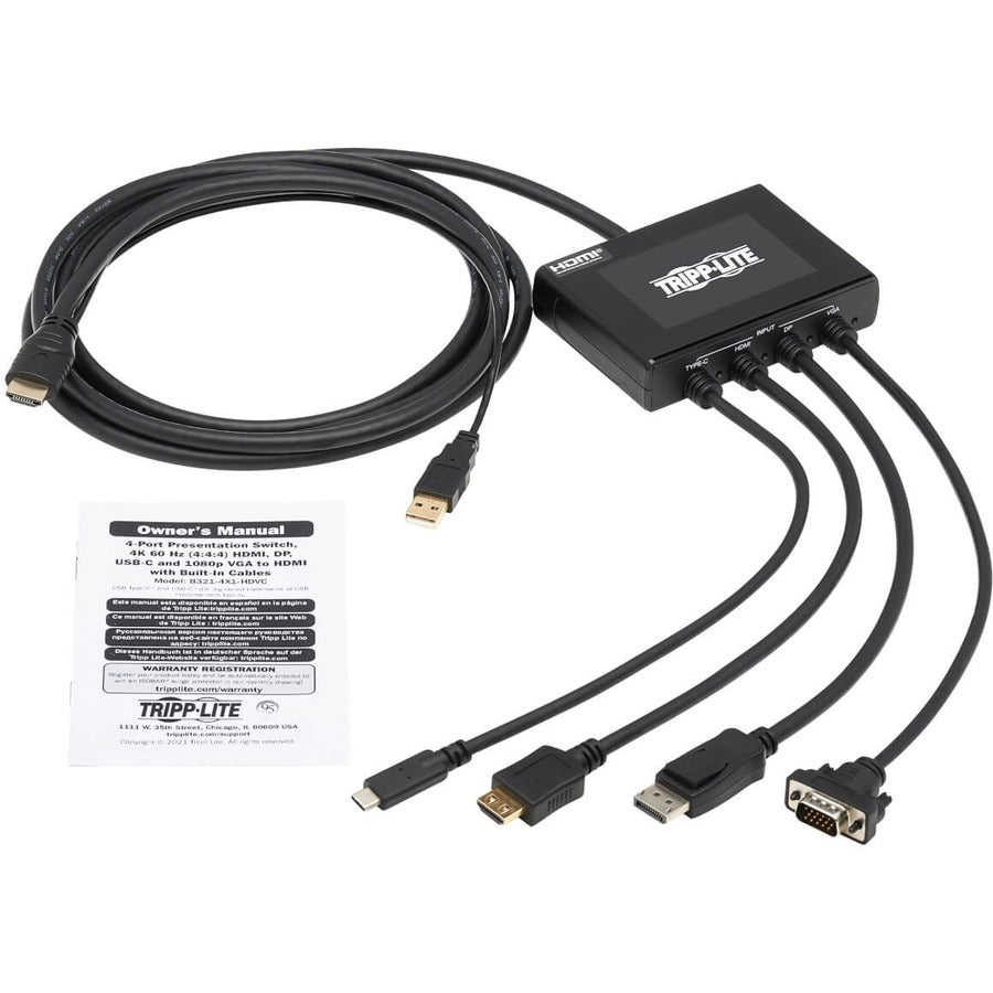 Tripp Lite B321-4X1-Hdvc 4-Port Presentation Adapter, 4K 60 Hz (4:4:4) Hdmi, Dp, Usb-C And 1080P Vga To Hdmi, Built-In Cables