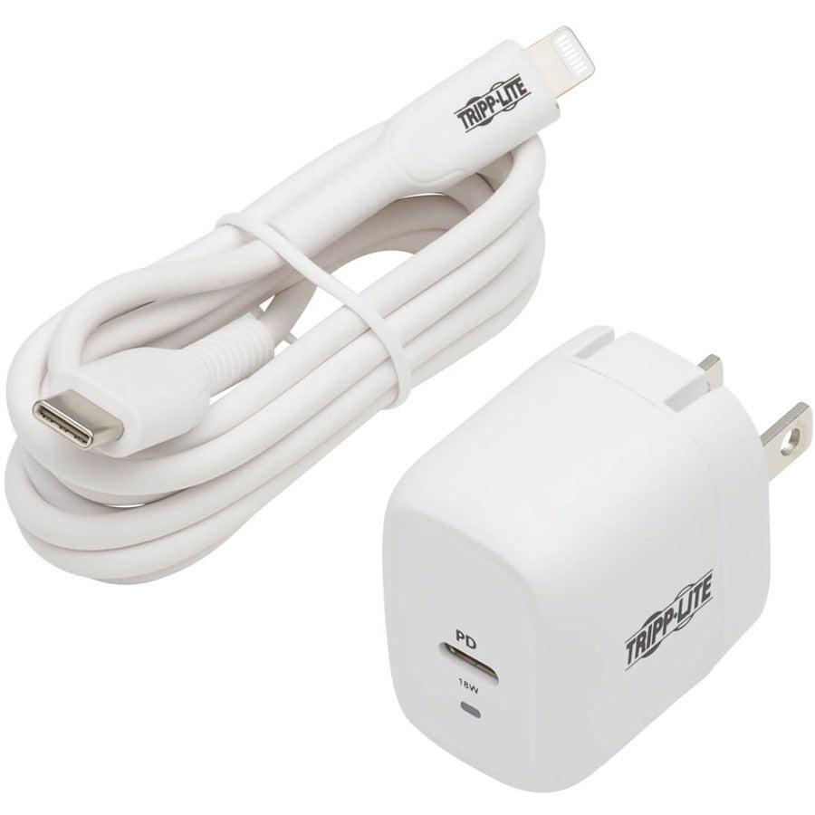 Tripp Lite Compact Usb-C Wall Charger - 18W Pd Charging, Gan Technology, Usb-C To Lightning Cable, White
