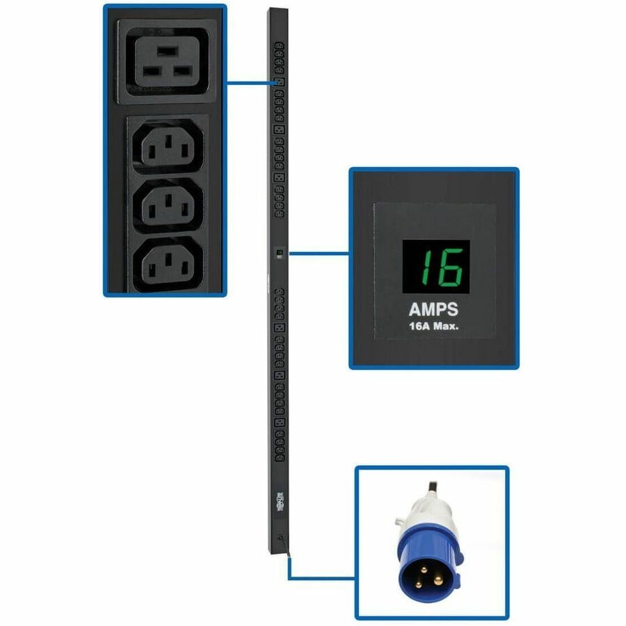 Tripp Lite Pdumv16Hv 3.7Kw Single-Phase Local Metered Pdu, 208/230V Outlets (32-C13, 6-C19), Iec309 16A Blue 16A, 0U Vertical