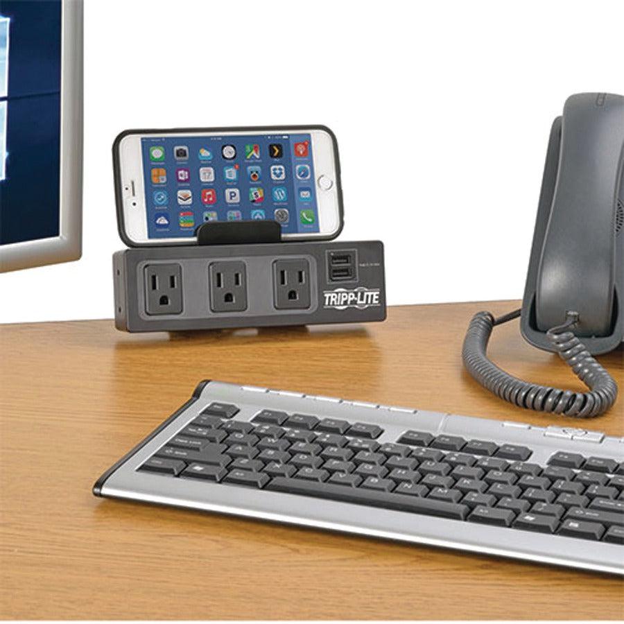 Tripp Lite Protect It! 3-Outlet Surge Protector With Desk Clamp, 10 Ft. Cord, 510 Joules, 2 Usb Charging Ports, Black Housing