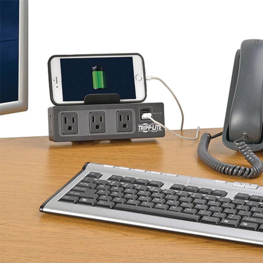 Tripp Lite Protect It! 3-Outlet Surge Protector With Desk Clamp, 10 Ft. Cord, 510 Joules, 2 Usb Charging Ports, Black Housing