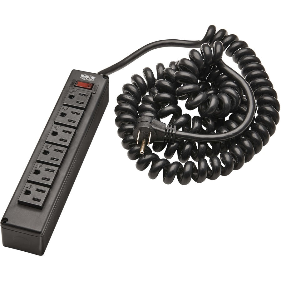 Tripp Lite Safe-IT 6-Outlet Surge Protector - 10 ft. Spiral Cord, 5-15P Plug, 300 Joules, Antimicrobial Protection, Black