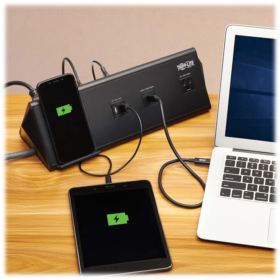 Tripp Lite Safe-IT 6-Port USB Charging Station - 2x USB-C 60W, 4x USB-A, 2x 5-15R, Wireless Charging, 1000 Joules, 10 ft. Cord, Antimicrobial Protection