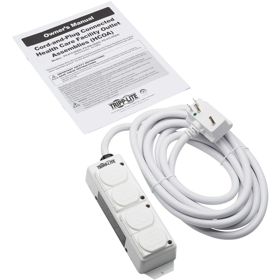Tripp Lite Safe-It Ul 2930 Medical-Grade Power Strip For Patient Care Vicinity, 4 Hospital-Grade Outlets, Safety Covers, Antimicrobial, 15 Ft. Cord, Dual Ground