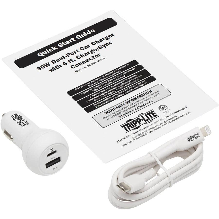 Tripp Lite U280-C02-30W-K Dual-Port Usb Car Charger - 30W Pd Charging, Usb-C (18W) & Usb-A (12W), Usb-C To Lightning Cable, White