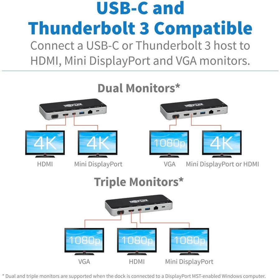 Tripp Lite U442-Dock16-B Usb Dock, Triple Display - 4K Hdmi & Mdp, Vga, Usb 3.2 Gen 1, Usb-A/C Hub, Gbe, 60W Pd Charging