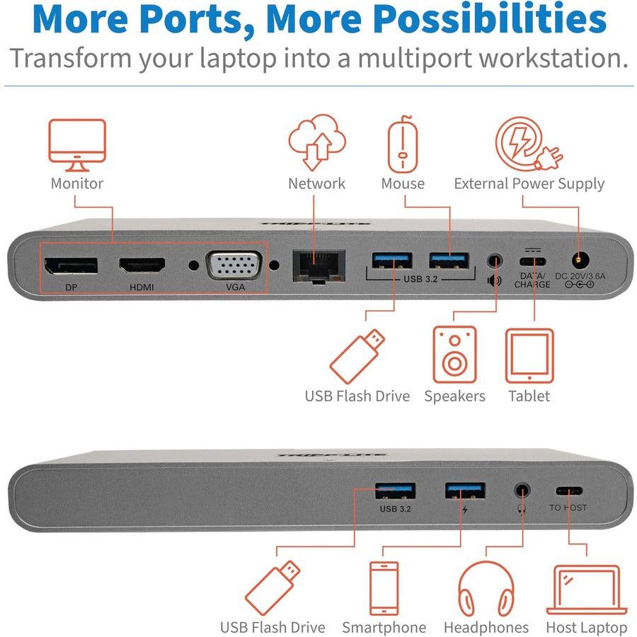 Tripp Lite U442-Dock4-S Usb-C Docking Station, Hdmi, Vga, Dp, Usb-A/C, Gbe, 100W Pd Charging, Power Supply Included – 4K @ 30 Hz, Thunderbolt 3, Silver