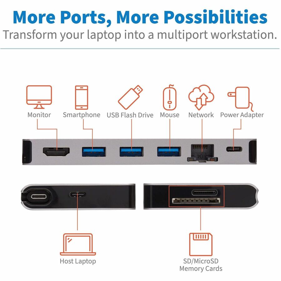 Tripp Lite U442-Dock5D-Gy Usb-C Dock - 4K Hdmi, Usb 3.2 Gen 1, Usb-A Hub, Gbe, Memory Card, 100W Pd Charging, Detachable Cord