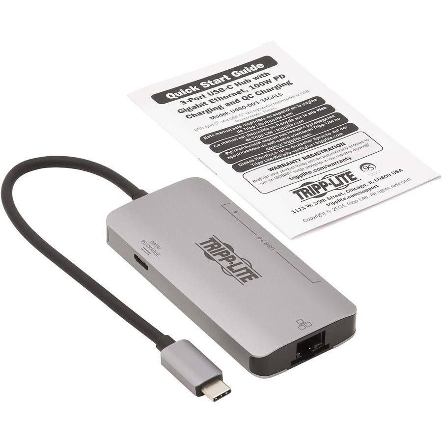 Tripp Lite U460-003-3Agalc 3-Port Usb-C Hub - Usb 3.2 Gen 1, 3 Usb-A Ports, Gbe, Thunderbolt 3, 100W Pd Charging, Aluminum Housing