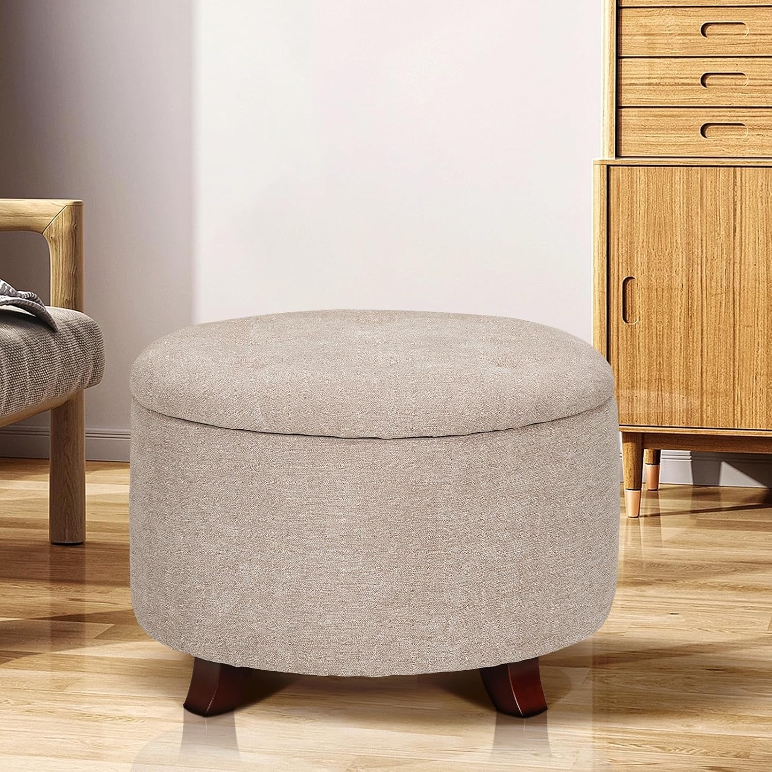 Tufted Beige Linen Ottoman 24.5 Inch Storage Option