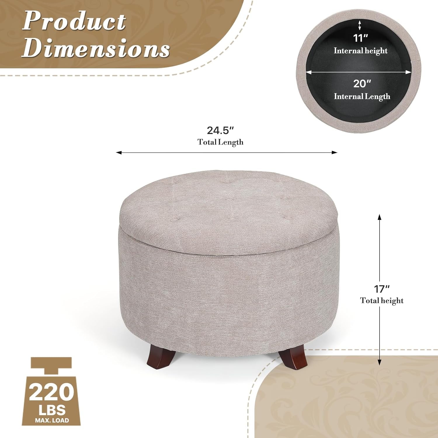 Tufted Beige Linen Ottoman 24.5 Inch Storage Option