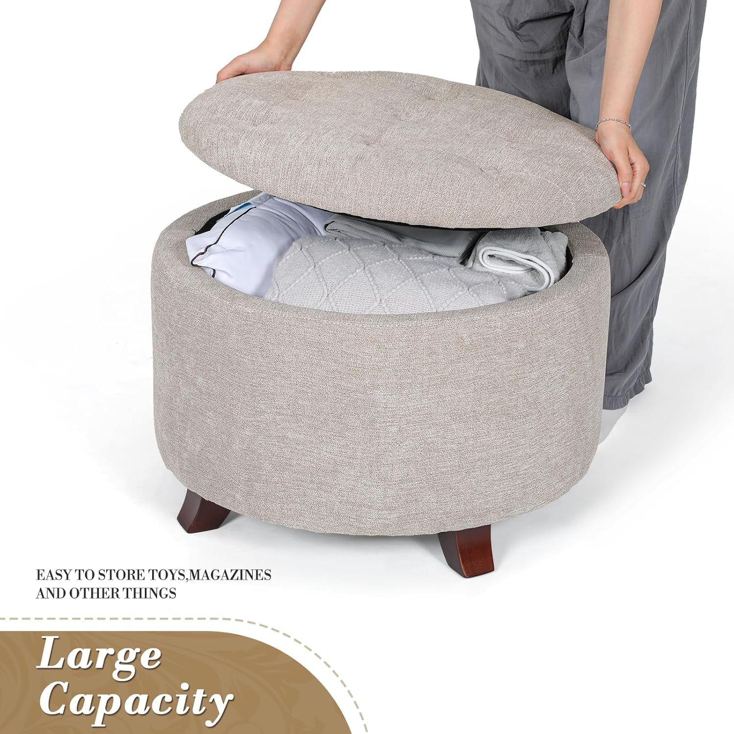 Tufted Beige Linen Ottoman 24.5 Inch Storage Option