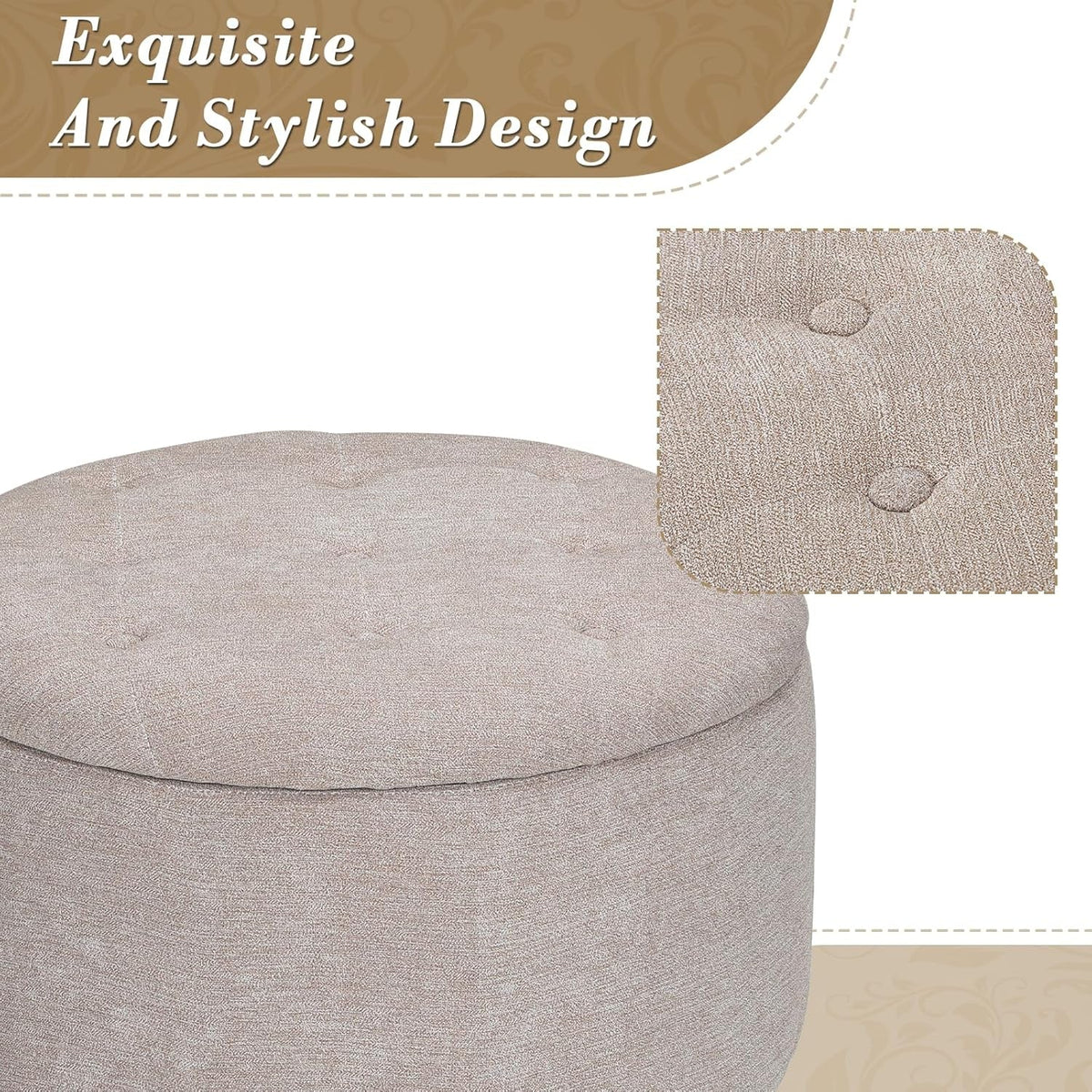 Tufted Beige Linen Ottoman 24.5 Inch Storage Option