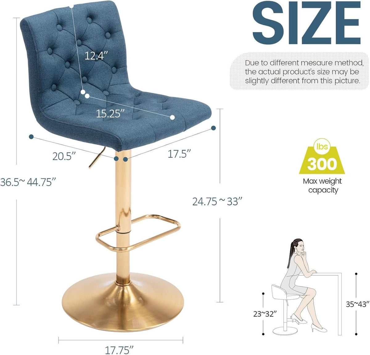 Tufted Fabric Bar Stool Set Of 2 Blue Upholstered Swivel Counter Height Chairs