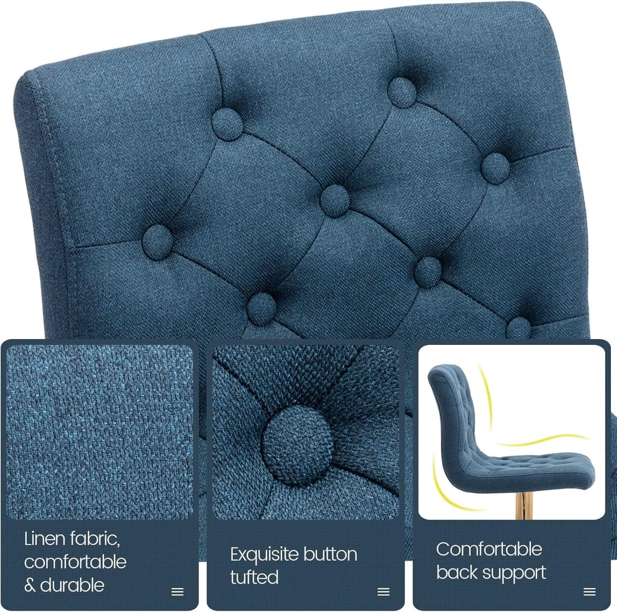 Tufted Fabric Bar Stool Set Of 2 Blue Upholstered Swivel Counter Height Chairs