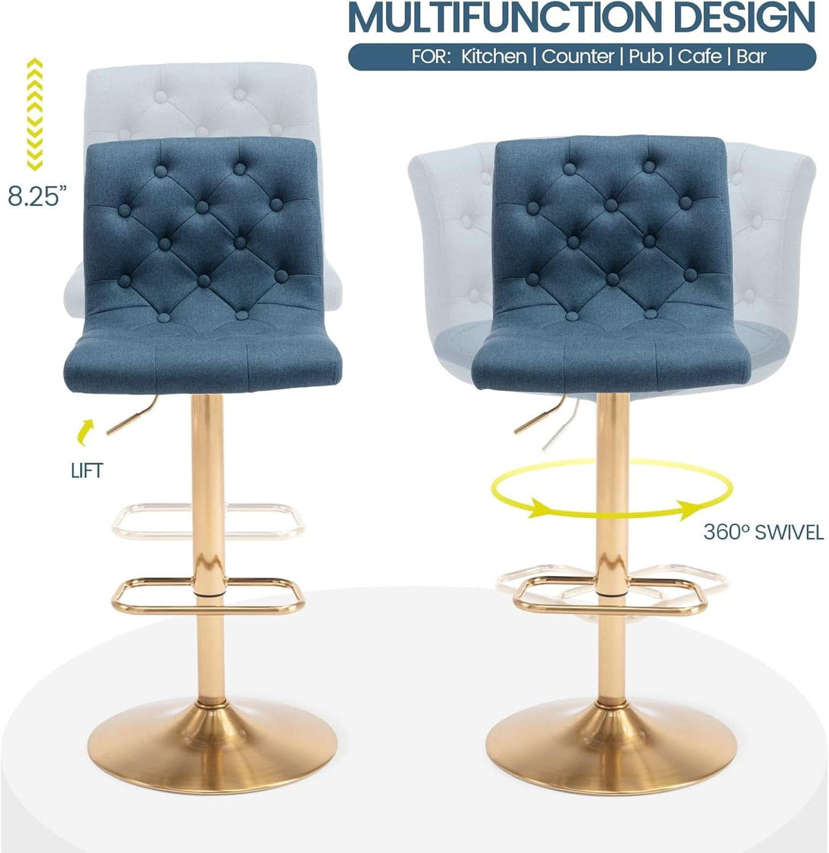 Tufted Fabric Bar Stool Set Of 2 Blue Upholstered Swivel Counter Height Chairs