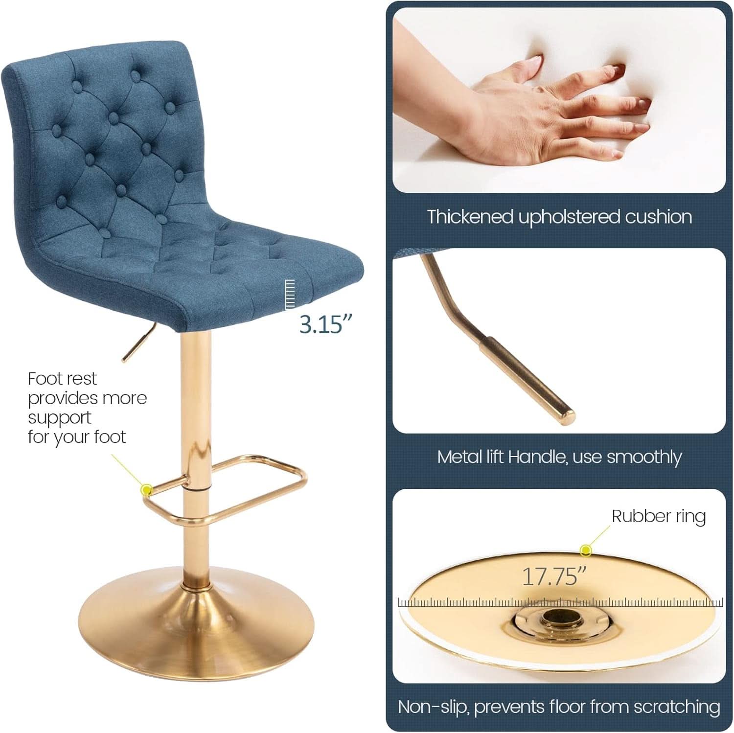 Tufted Fabric Bar Stool Set Of 2 Blue Upholstered Swivel Counter Height Chairs