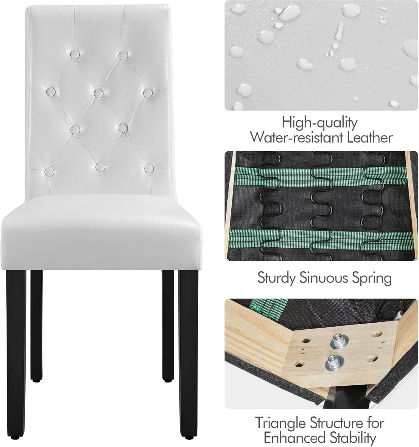 Tufted Leather Dining Chairs Set of 2 White Wood Legs