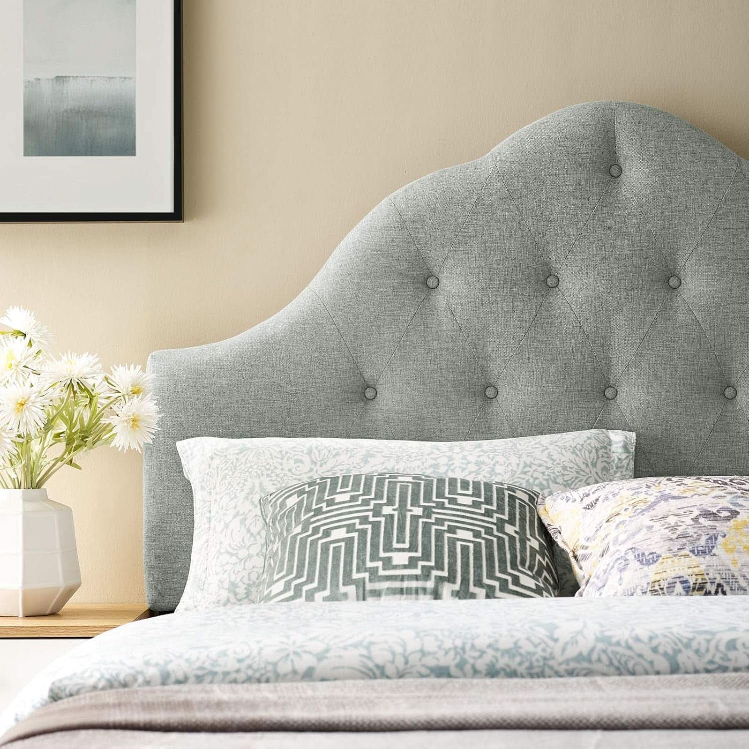 Tufted Linen Upholstered Queen Headboard with High Arch