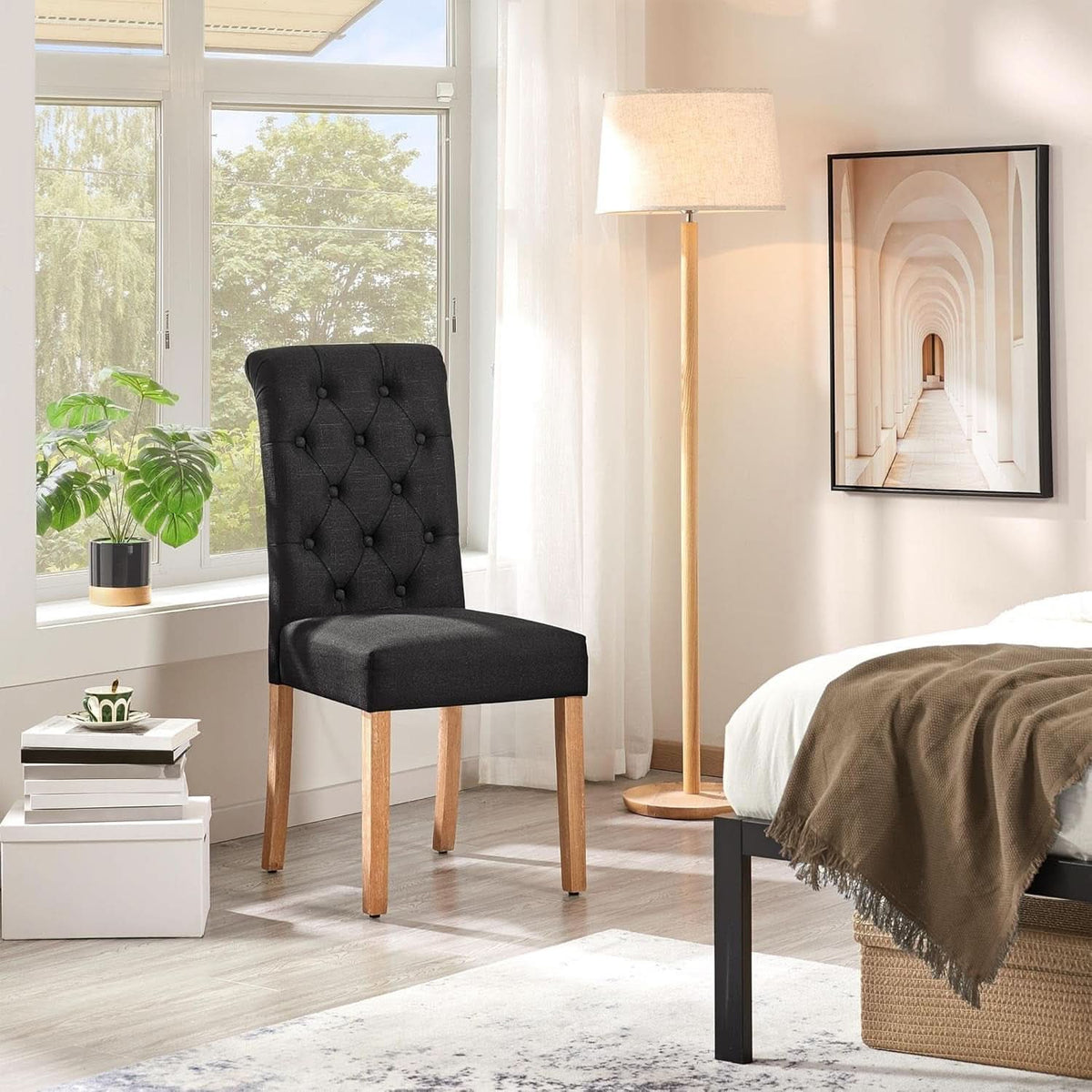 Tufted Upholstered Dining Chair Pair With Solid Wood Legs Black
